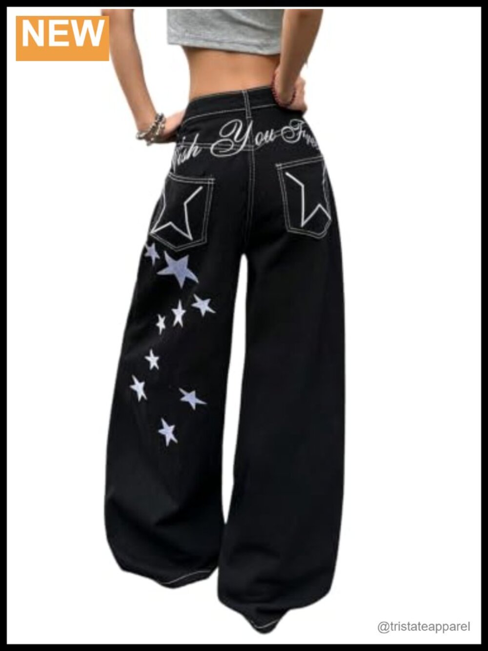 Womens Baggy Wide Leg Embroidered Jeans Y2K Streetwear Denim Pants